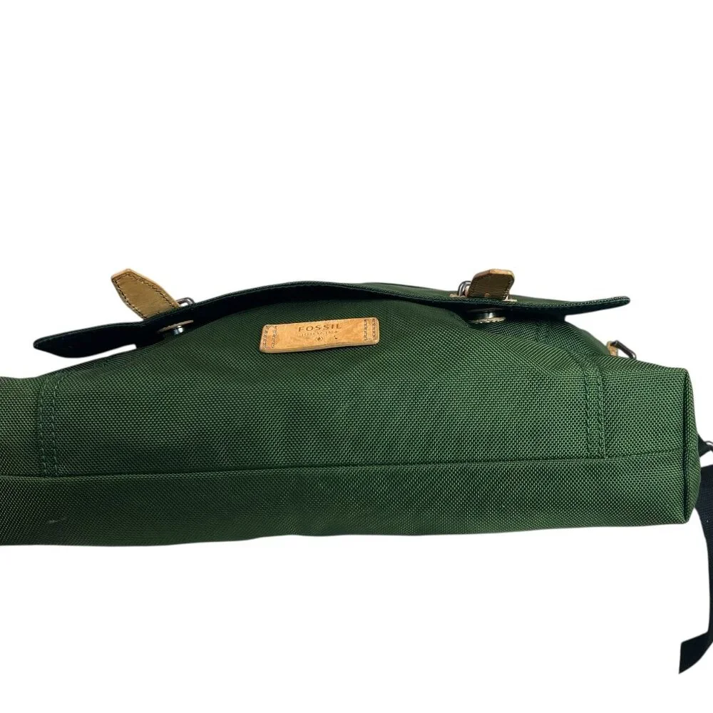 Fossil Large Forest Green Nylon Messenger Laptop Bag Leather Trim Large